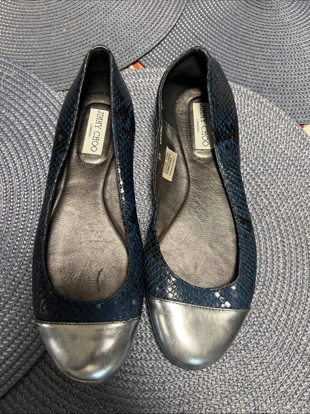 Jimmy Choo Navy Snake-Embossed Flats with Silver Cap Toe